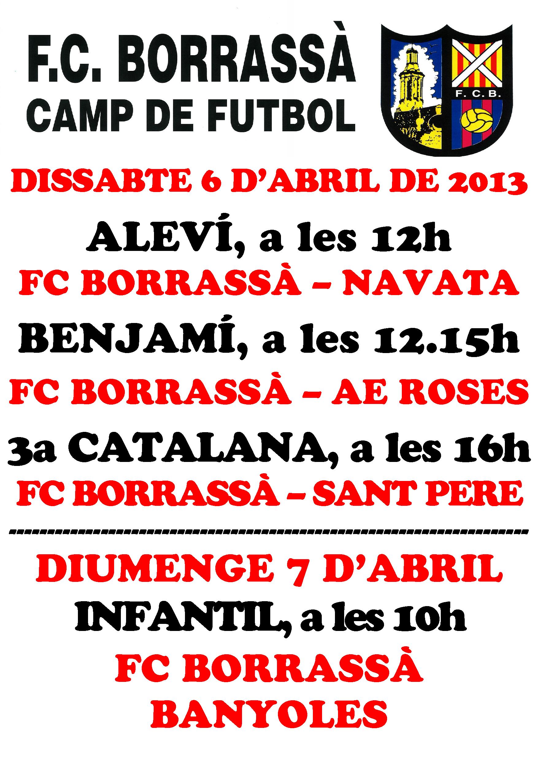 Els equips aleví, benjamí, 3a catalana i infantil del Futbol Club Borrassà juguen partits a casa aquest cap de setmana.